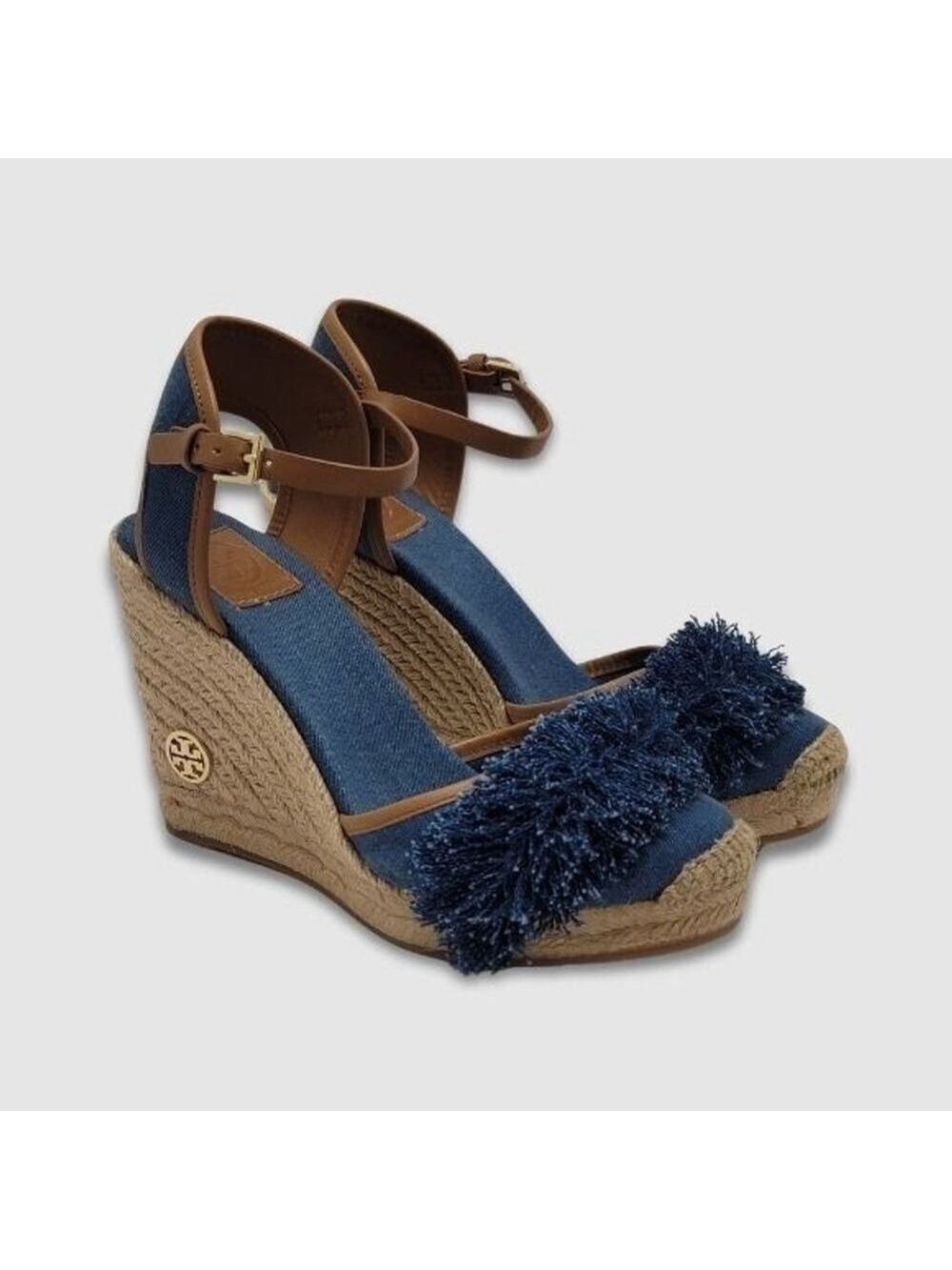 Tory Burch Wedge Espadrille Shaw Blue Denim Fringe Ankle Strap Sandals Size 8.5